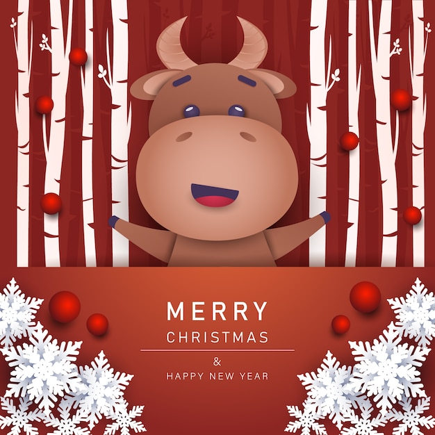 Merry christmas and happy new year greeting card with bull