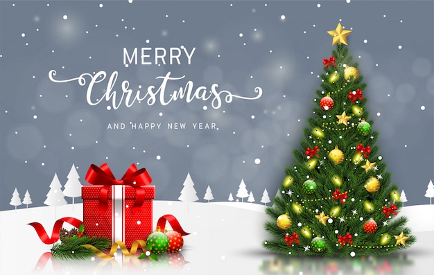 Buon natale e felice anno nuovo auguri con albero di natale e confezione regalo