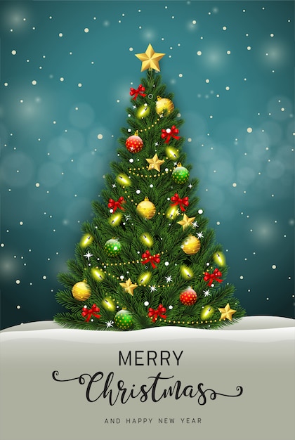 Vector merry christmas and happy new year greeting card with christmas tree vector