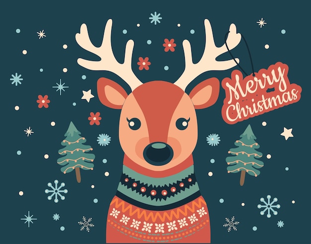 Vector merry christmas and happy new year greeting card with cute deer vector illustration