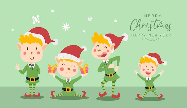 Merry christmas and happy new year greeting card with cute elf boy costume funny and happy character design in flat style. vector illustration.