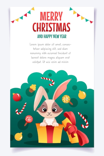 Merry Christmas and Happy New Year greeting card with cute happy xmas rabbit in gift box with snow