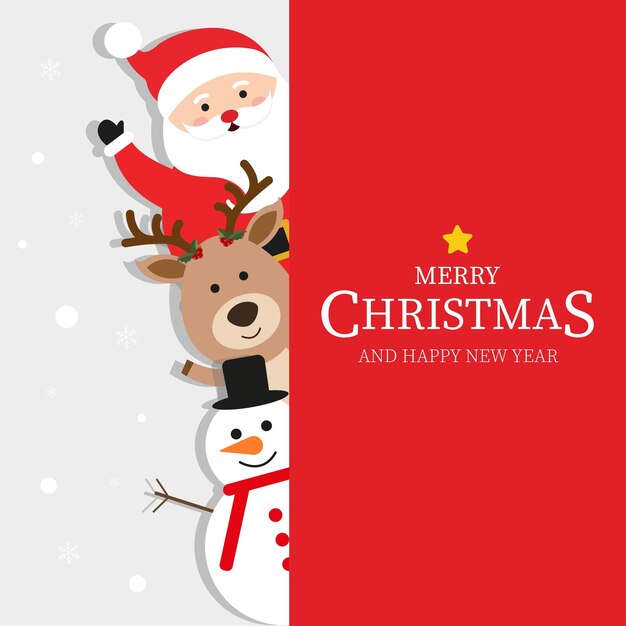 Vector merry christmas and happy new year greeting card with cute santa claus deer and snowman vector gra