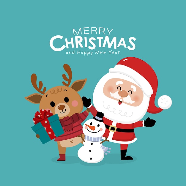 Vector merry christmas and happy new year greeting card with cute santa claus little elf snowman and deer