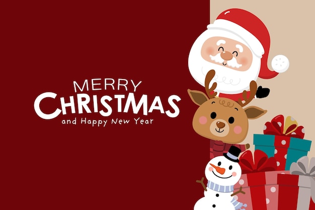 Vector merry christmas and happy new year greeting card with cute santa claus little elf snowman and deer