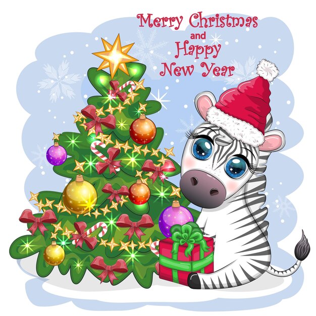 Merry Christmas and Happy New Year greeting card with cute zebra in santa hat with christmas ball candy kane gift