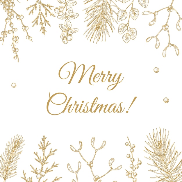 Merry christmas and happy new year greeting card with floral elements