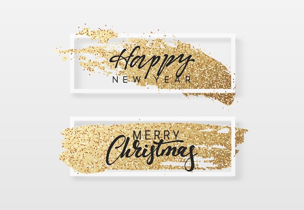 Merry Christmas and Happy New Year greeting card with gold glitter. Template for flyer, poster, banner and other design. Gold handwritten brush vector
