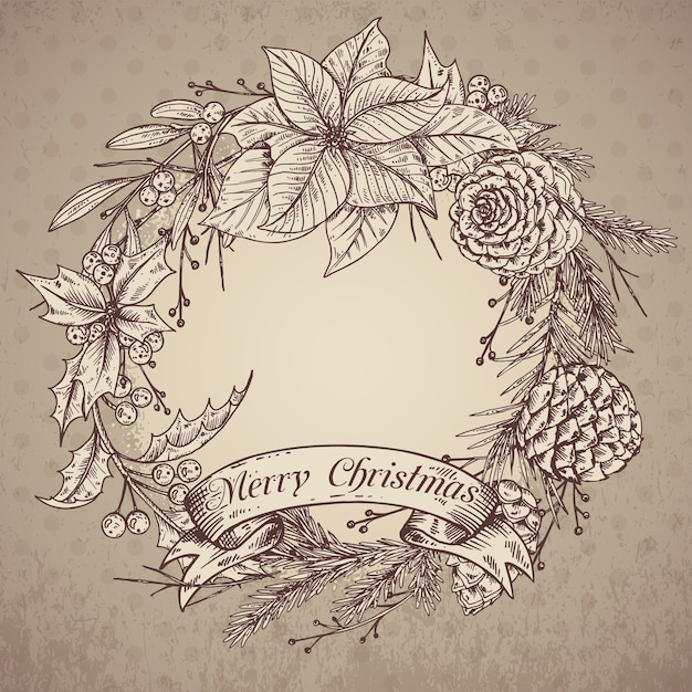 Vettore cartolina d'auguri di buon natale e felice anno nuovo con piante invernali disegnate a mano. illustrazione d'epoca.
