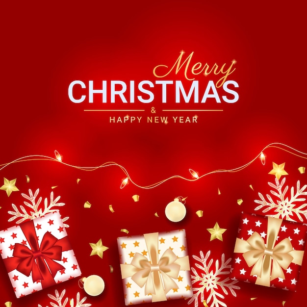 Merry christmas and happy new year greeting card with realistic red decoration