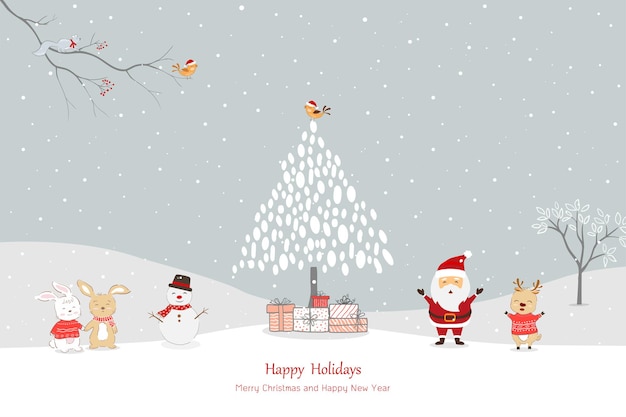 Merry christmas and happy new year greeting card with santa claus and friends happy on winter