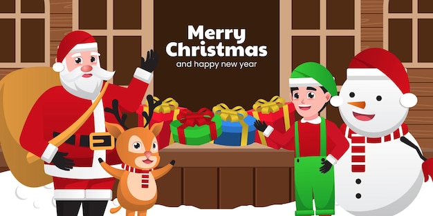 Merry christmas and happy new year greeting card with santa claus reindeer little elf and snowman