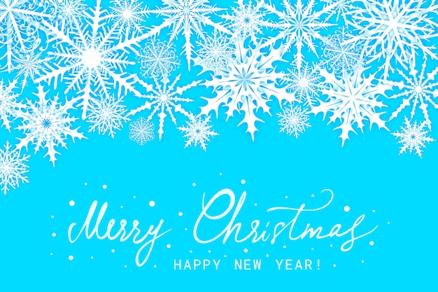 Merry Christmas and Happy New Year greeting card with snowflakes on blue background Vector illustration