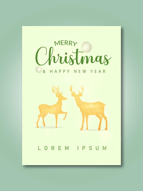Merry Christmas and Happy New Year greeting card with snowflakes, cross, deer, gift box, tree