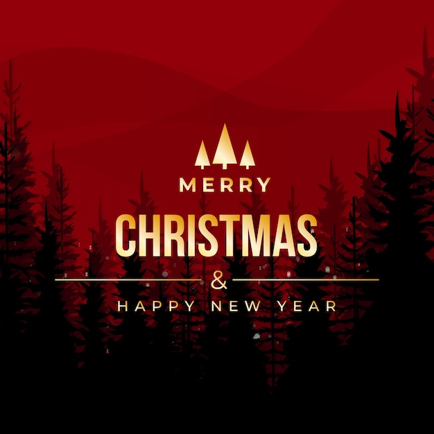 Merry Christmas and Happy New Year Greeting Card with winter landscape and snowflakes