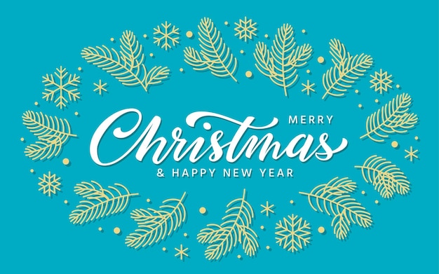 Merry Christmas Happy New Year greeting card Xmas blue background with brush pen hand lettering inscription christmas tree branches frame gold snowflakes For banner poster postcard flyer gifts