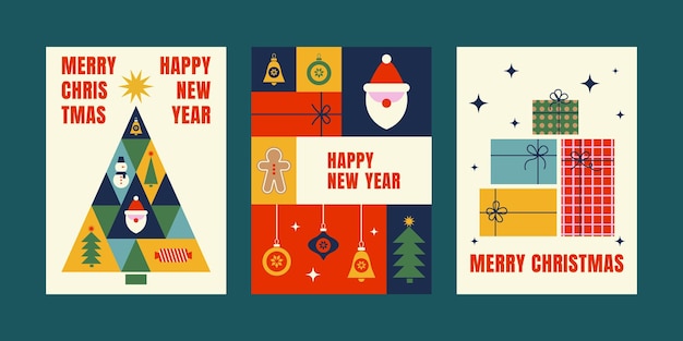 merry christmas and happy new year greeting cards posters banners set