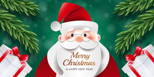 Merry christmas and happy new year. greeting christmas card with a santa claus, christmas tree branches and a gifts on a green background.