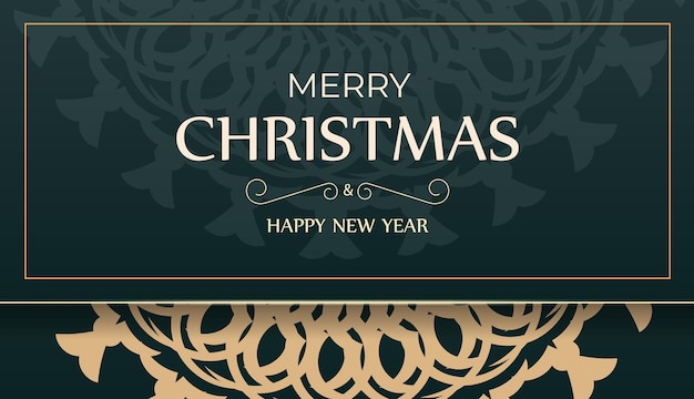 Merry christmas and happy new year greeting flyer template in dark green color with luxury yellow ornament