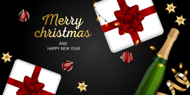 Поздравление с Рождеством и Новым годом с праздничными новогодними шарами и подарками. праздничный день
