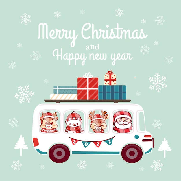 Merry Christmas and Happy new year greetings 2022 template with Cute santa riding Christmas School Bus .