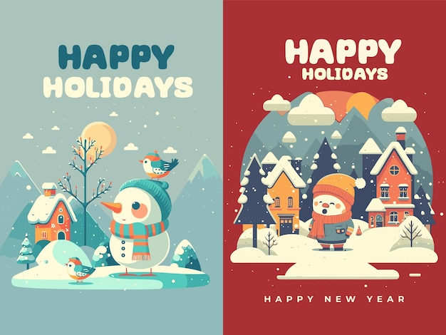 Merry christmas happy new year greetings card invitation banner flat vector