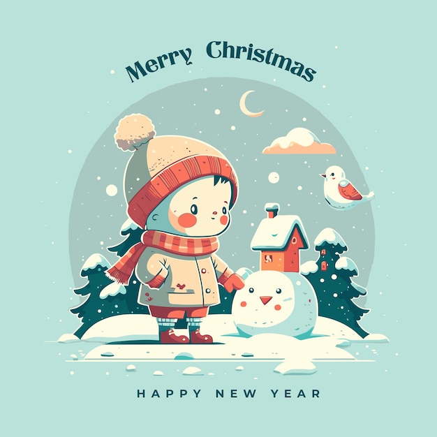 Merry Christmas Happy New Year Greetings Card Invitation Banner flat vector