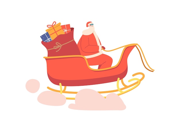 Merry Christmas and Happy New Year Greetings Concept Santa Claus Riding Reindeer Sledge Flying at Sky with Gifts