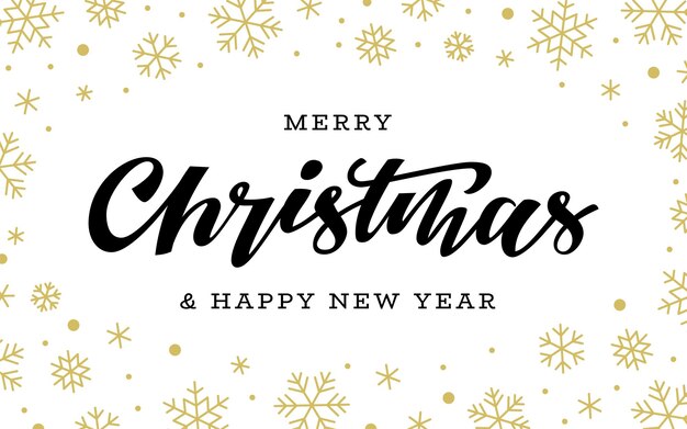 メリー クリスマスと新年あけましておめでとうございます手描きブラシ レタリング冬休日創造的なタイポグラフィ グリーティング カード バナー ポスター クリスマス背景黒インク ペン スクリプト書道黄金雪片