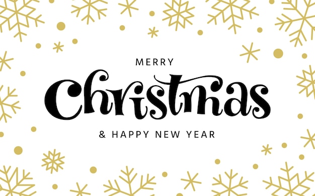 Buon natale e felice anno nuovo pennello disegnato a mano lettering sfondo di natale con penna a inchiostro nero script calligrafia fiocchi di neve dorati vacanza invernale tipografia creativa cartolina d'auguri banner poster