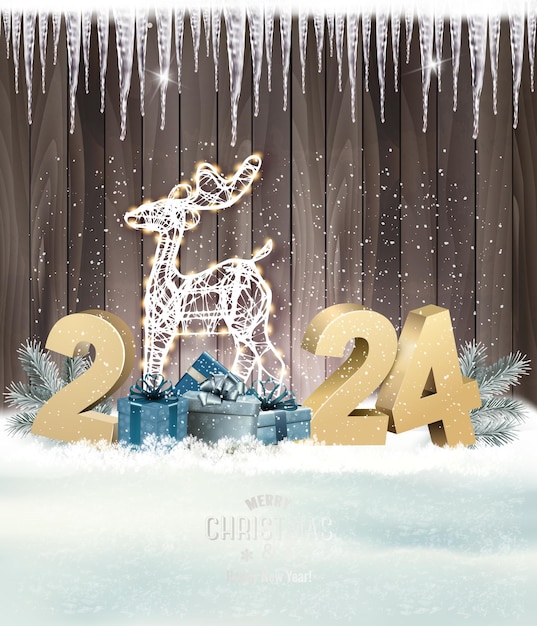 Merry Christmas and Happy New Year Holiday background with gift boxes and 2024 Festive realistic design Holiday party 2024 web poster Vector