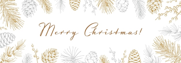 Горизонтальная открытка с Новым годом и Рождеством с нарисованными вручную вечнозелеными ветвями