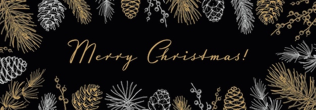 Merry Christmas and Happy New Year horizontal greeting card with hand drawn golden evergreen branches and cones on black background Vector illustration in sketch style