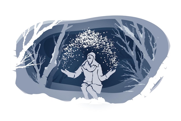 Vettore buon natale e felice anno nuovo. gli esseri umani nella foresta con la neve nella stagione invernale. arte della carta di design