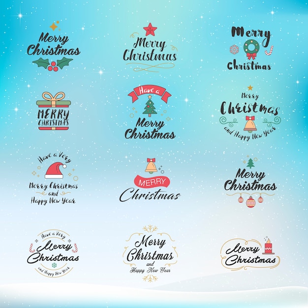 merry christmas and happy new year icon set. typography, text design and element icons