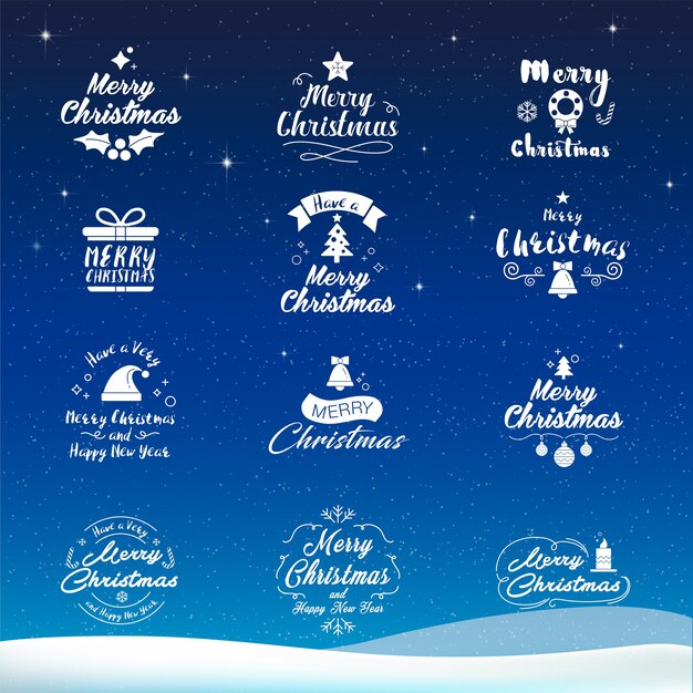 Merry Christmas and Happy New Year icon set. Typography, text design and element icons