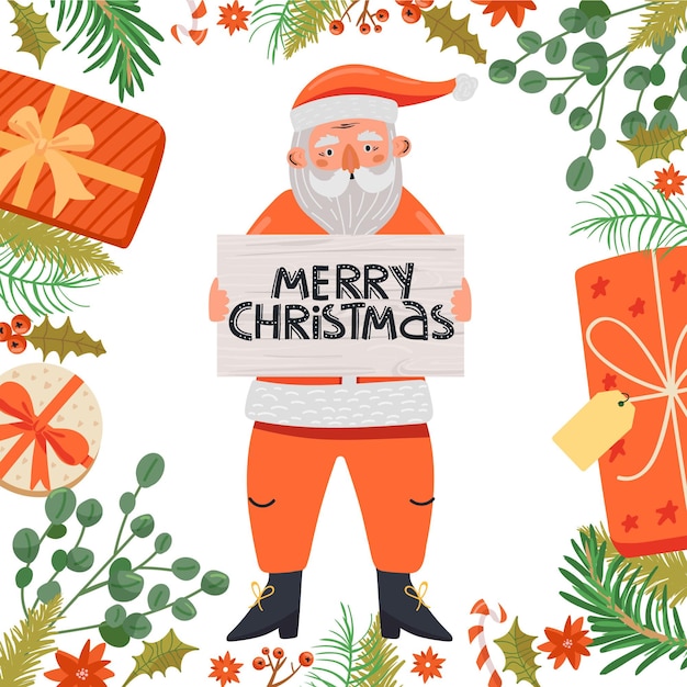 Merry christmas and happy new year illustration santa claus character with table and lettering