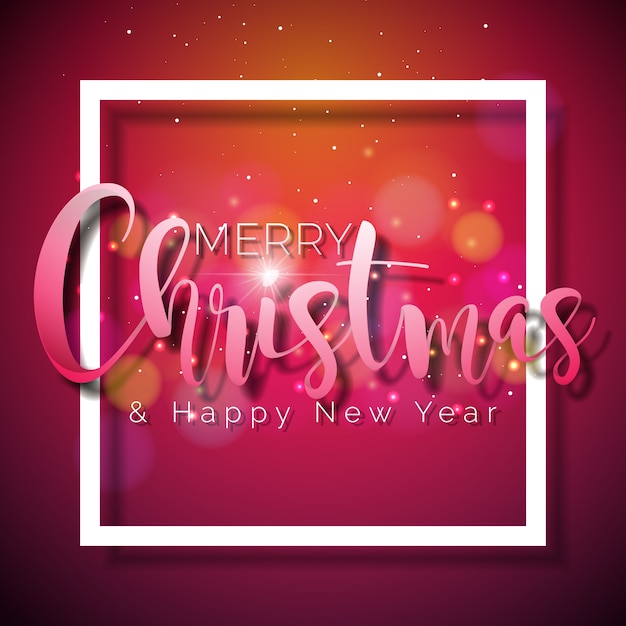 Vector merry christmas and happy new year illustration on shiny red background with typography and holiday elements