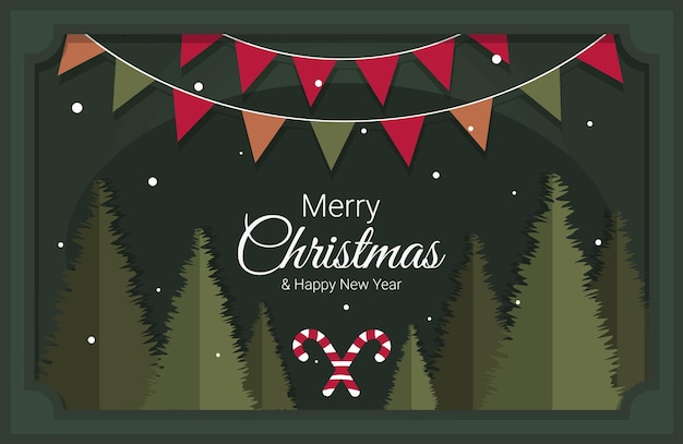 Merry Christmas and Happy New Year inscription Christmas banner with candy fir trees and garlands