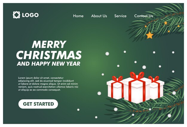 Vector merry christmas and happy new year landing page design template with pine and gift box