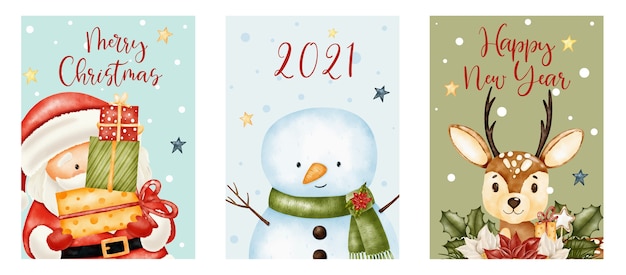 Vector merry christmas,  and happy new year lettering with cute santa claus, reindeer and snowman