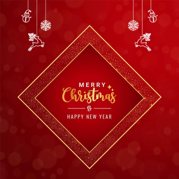 Merry christmas and happy new year logo with realistic christmas red bokeh background