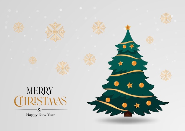 Merry christmas and happy new year logo with realistic christmas tree background Free Vector