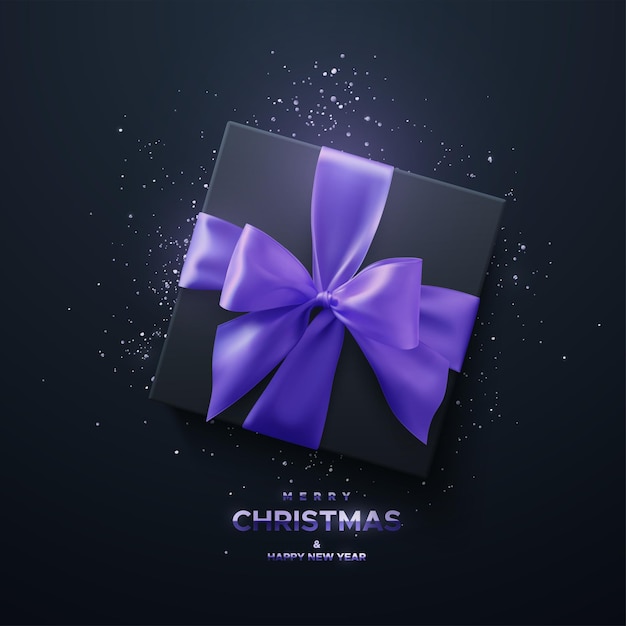 Merry Christmas and Happy New Year metallic sign Black gift box with purple bow on black background