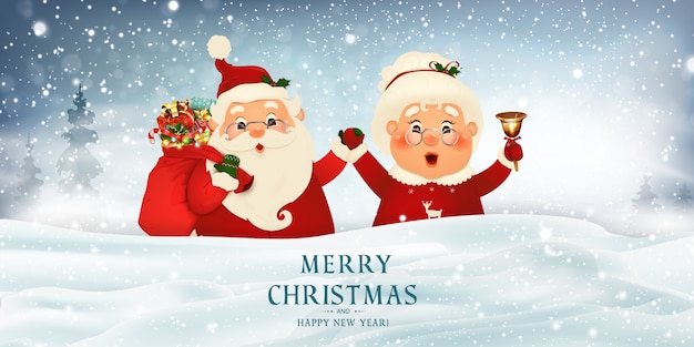메리 크리스마스. 새해 복 많이 받으세요. 함께 클로스 부인. 행복 한 산타 클로스와 큰 빈 기호에 그의 아내의 만화 캐릭터. 전나무, 빛, 눈과 휴일 겨울 풍경.