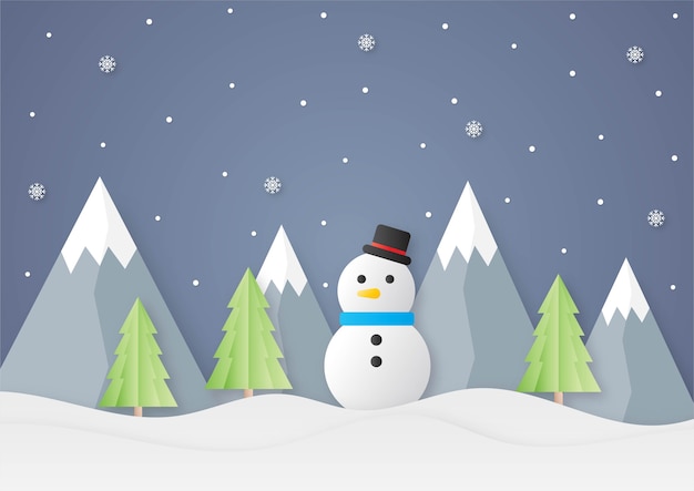 Vector merry christmas and happy new year paper cut card with snowman on blue background