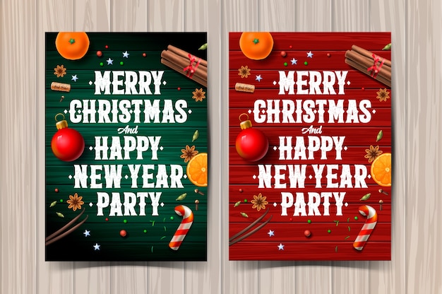 Merry Christmas and Happy New Year party design template, poster with typography and spices