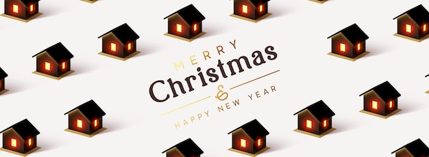 Vector merry christmas and happy new year. pattern of one-story houses the light in the window is on. vector illustration