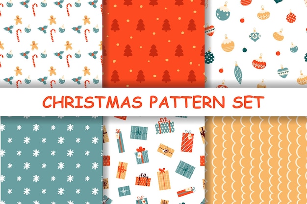 Vector merry christmas happy new year pattern set set of christmas textile texture background flat vector illustration for winter decoration