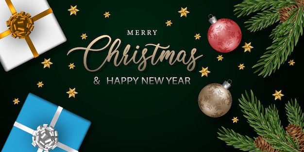 Merry Christmas and Happy New Year pine leaf ball stars blue gift box green holiday background